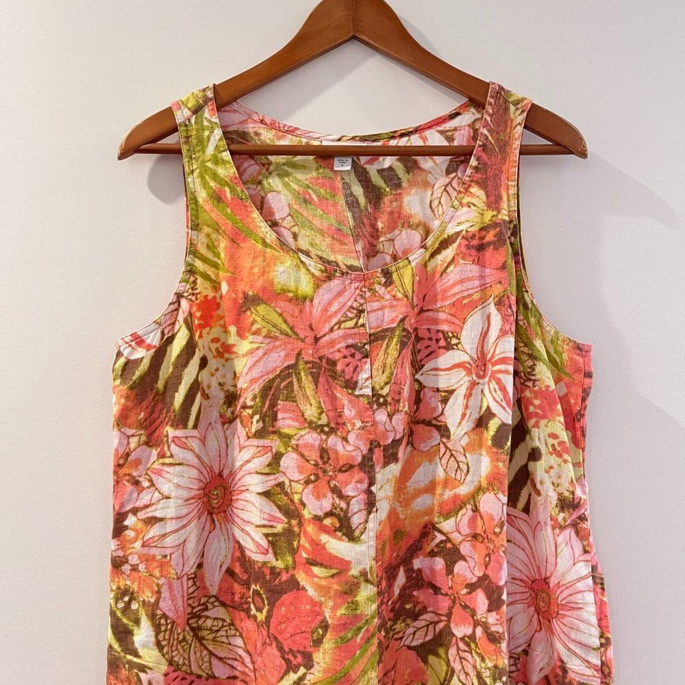 J. Jill Love Linen Dress Size Medium Women's Sleeveless Orange Pink Floral Print - Picture 2 of 7